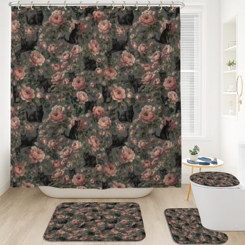 Rideau de douche vintage imperméable polyester avec tapis bohème chat - 3