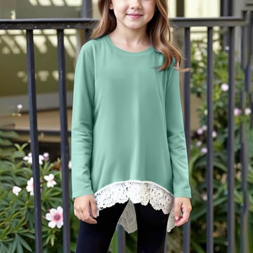 Girls Long Sleeve Shirt Casual Tops Lace Trim Tees Basic Crew Neck Tshirt Loose Long Tunic Fashion Fall Clothes2
