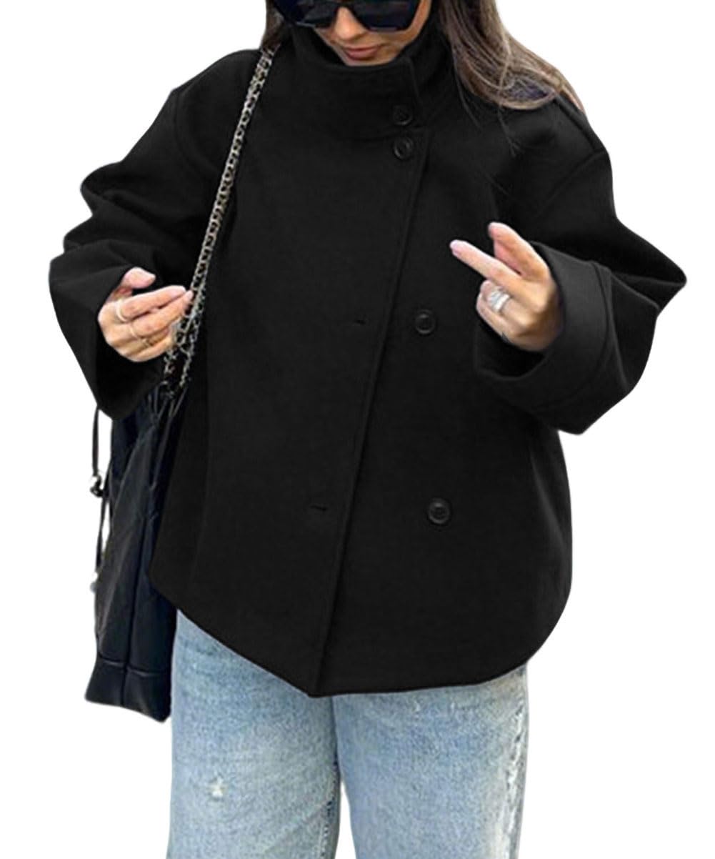 CHARTOU Women Crop Pea Coat Wool Blend Winter Loose Casual Short Jacket Outwear