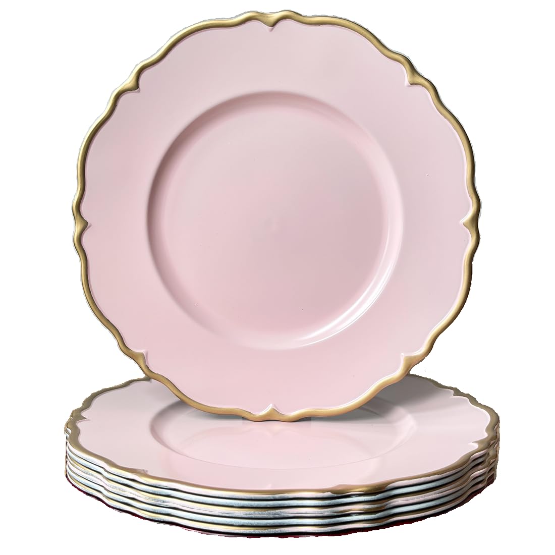 Pink scalloped charger plates with Gold rim, 13" Round Chargers for Dinner Plates, Set of 6 Plastic Plate Chargers for Weddings, Parties, Tabletop Decor.