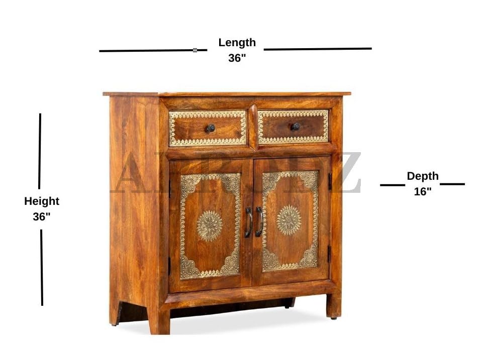 Image of APRODZ Hand-Painted Solid Wood Sideboard Cabinet with 2 Doors & 2 Drawers | Brass Fitted Wooden Storage Cabinet for Bedroom Living Room & Kitchen | Crockery Cabinet, Kitchen Storage, 36x16x36