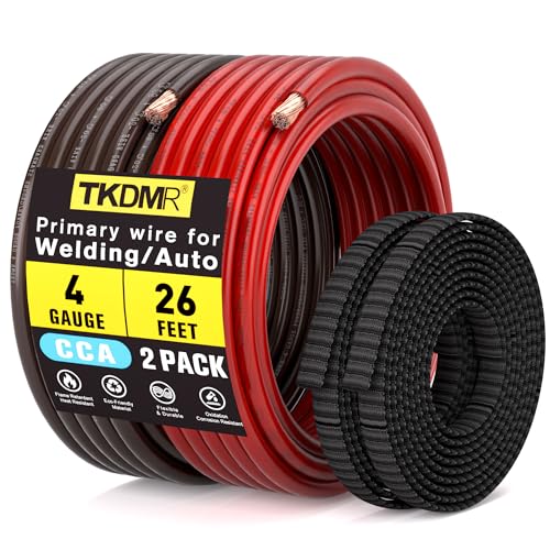 4 Gauge Wire Battery Cable - CCA 4 AWG Electrical Wire Extension Cord 26FT Red & 26FT Black with Cable Sleeves for Automotive Power Ground Battery Cable Car Audio RV