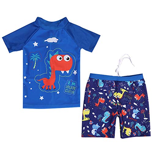 YAGATA Kids Baby Boys Two Piece Bathing Suits Short Sleeve Rash Guard Sets UPF50+ Sun Protection Dinosaur Swimwear Navy 12