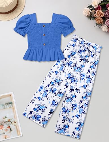 Image of Girls Clothes Solid Color Square Collar Stretch Top and Wide Leg Pants Clothes for Teen Girls 6-14Y