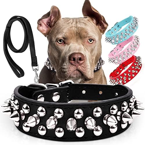 𝐔𝐏𝐆𝐑𝐀𝐃𝐄𝐃 𝐕𝐄𝐑𝐒𝐈𝐎𝐍 Spiked Studded Leather Dog Collar with Leash, Epesiri Rivet PU Leather Dog Collars for Pit Bull, Durable Leather Cat Collar Spiked Studded for Small Medium Large Pet