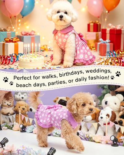 Image of CuteBone Spring Daisy Pet Dress with Peter Pan Collar - Purple Floral Pattern - Sleeveless Ruffled Skirt with Bow for Small Dogs, Cats - Casual & Garden Wear