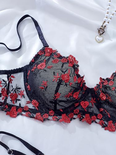 Image of Sexy Floral Embroidered Flower Mesh Underwire Push Up Lingerie Set