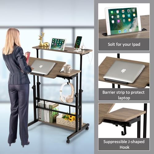 Image of Hadulcet Rolling Stand Up Desk Adjustable Height - Portable Standing Desk with Wheels & Charging Station, Mobile Laptop Desk Small Standing Desk Drawing Table, Grey