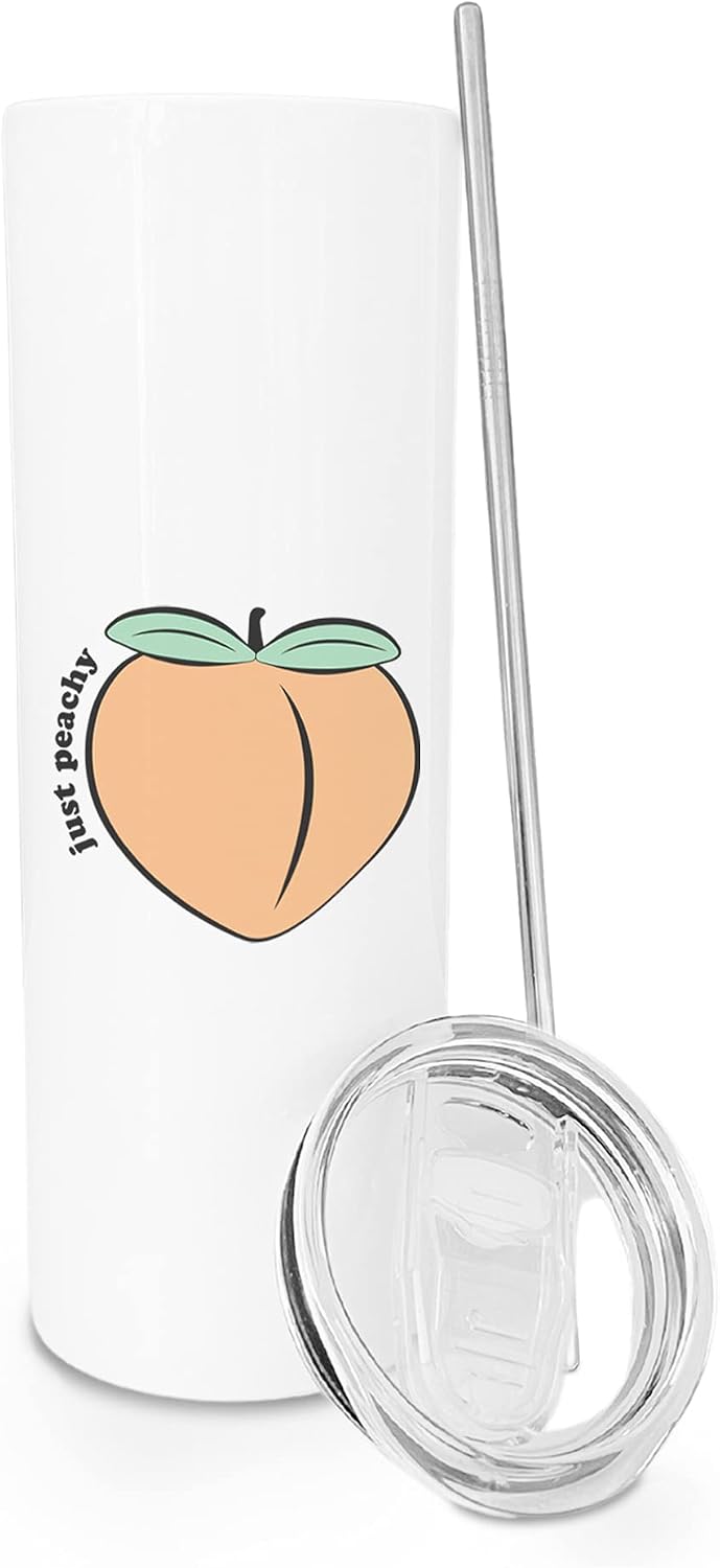 The Cotton & Canvas Co. Just Peachy Vacuum Insulated Stainless Steel Summer Tumbler with Metal Straw and Sliding Closure Lid, Insulated Travel Mug, Thermal Cup (20 Ounce)