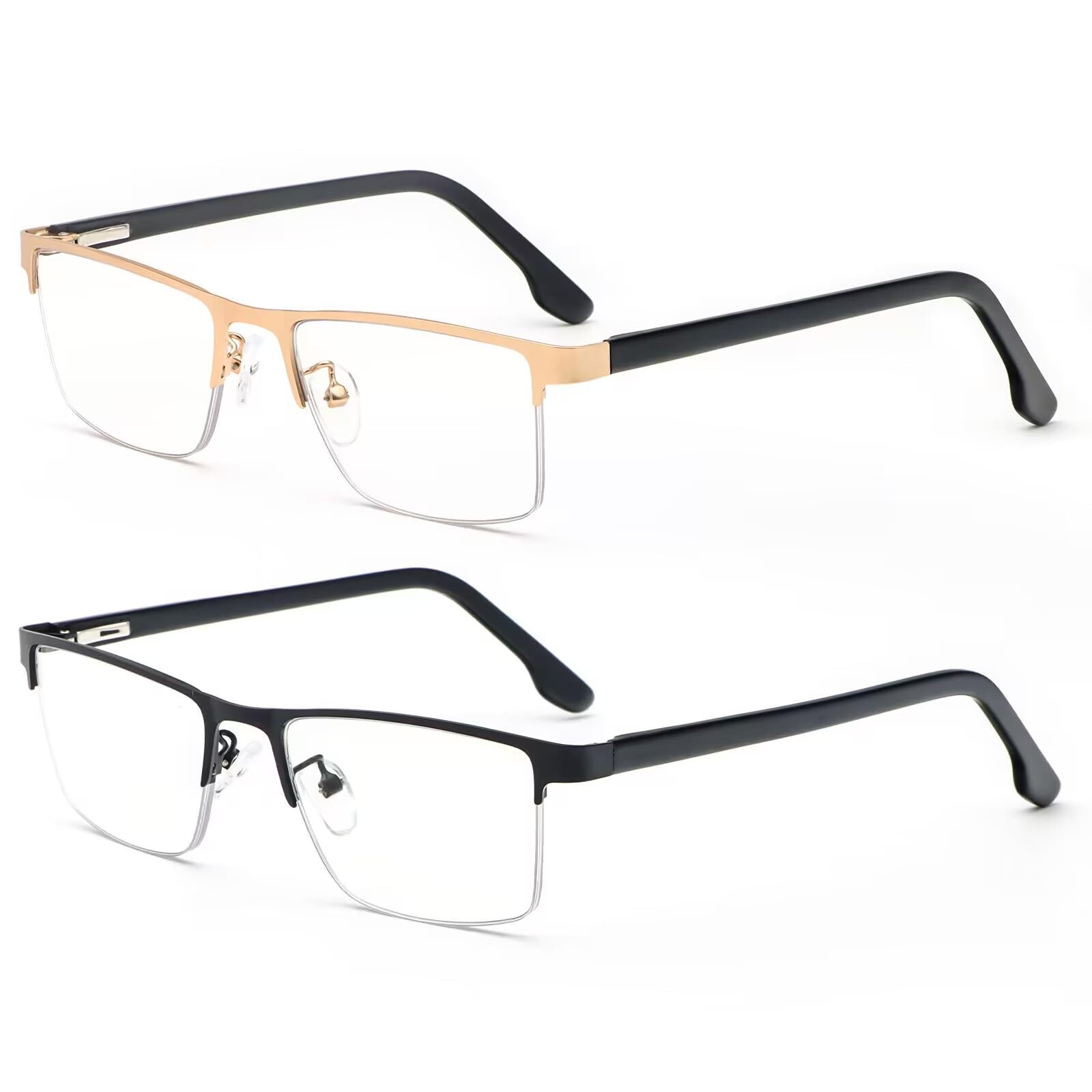 MMOWW 2er-Pack Lesebrille Herren Mit Blaulichtfilter, Rechteckige Halbrahmen Metall Lesebrillen Lesehilfe, Feder Scharnier Lesebrillen (Schwarz+Gold, +1,0)