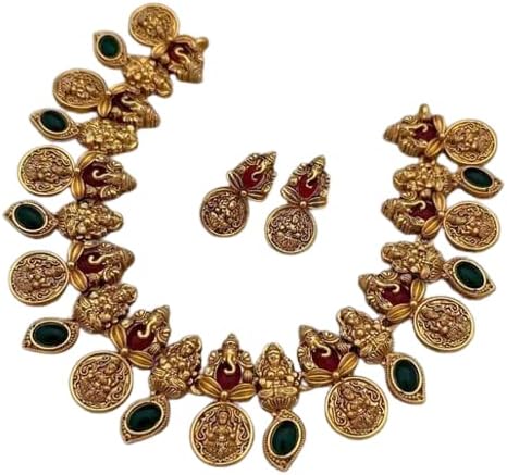Bollywood Gold Plated Goddess Laxmi and Lord Ganesha Temple Jewelry Flower Shape Multicolor Colored Faux Stone Wedding Necklace Earrings Indian Fashion Jewelry Set for Women