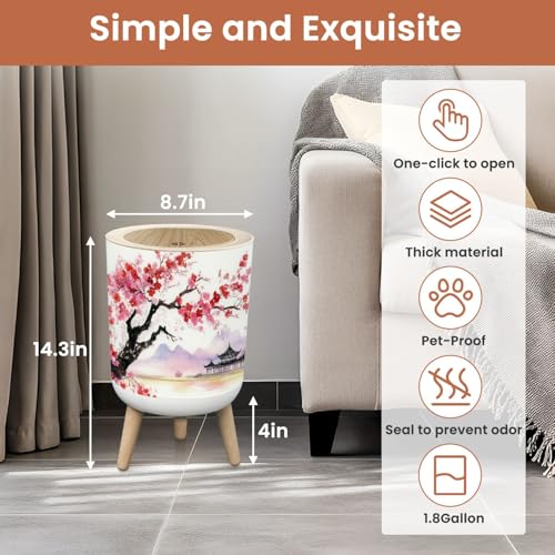 Image of Small Trash Can with Lid Realistic Blossom Japanese Cherry Tree White Watercolor 1.8 Gallon Dog Proof Trash Can Round Garbage Can Waste Bin Wastebasket for Bathroom Bedroom Living Room