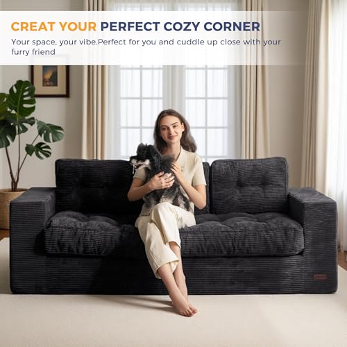Image of MAXYOYO Loveseat Sofa Couch, Upholstered Bean Bag Chair Cloud Seat for Adults, Boneless Couch with Cushion & Pillows, Sofa in A Box, No Assembly Required, Corded Black, 3-Seat