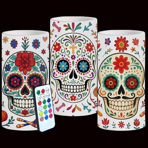 Image of Dia De Los Muertos Flameless Candles with Timer Remote 3 Pack | Halloween Flameless LED Candle Battery Operated Sugar Skull Day of The Dead Decoration