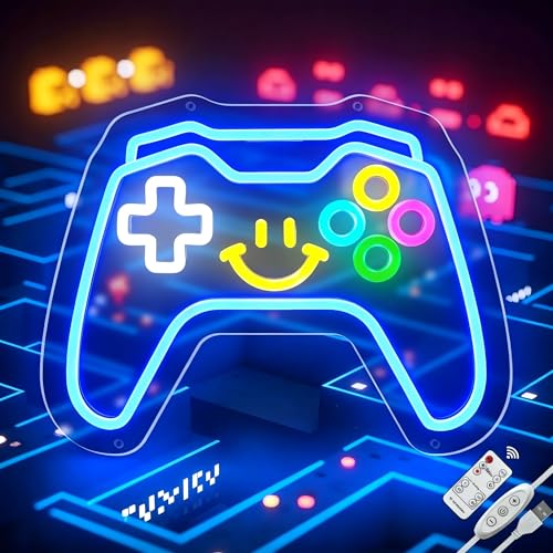 Image of Gaming Neon Signs Controller LED Sign with Remote for Gamer Room Decor, Gamepad Shaped LED Neon Sign for Son Gamer Lovers Gifts, Game Neon Light Smile Face for Basement Bedroom Boys Man Cave Kids Teen