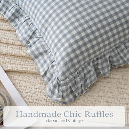 2 Pack Blue White Plaid Ruffle Throw Pillow Covers Farmhouse Checkered Chic Washed Cotton Pillowcases Gingham Pillow Shams for Bed, Sofa, Living Room-20"x20" Blue