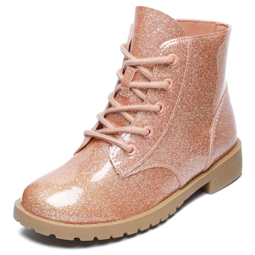 Girls Glitter Ankle Boots Side Zipper Combat Shoes with Lace Up