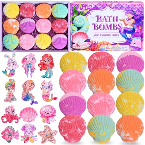 Bath Bombs for Kids with Surprise Toys Inside 12 Pcs Kids Bath Bombs Gifts for Birthday Christmas Easter Party Favor Handmade Shell Bubble Bath Kit with Mermaid Toys for 4 5 6 7 8 Year Old Girls