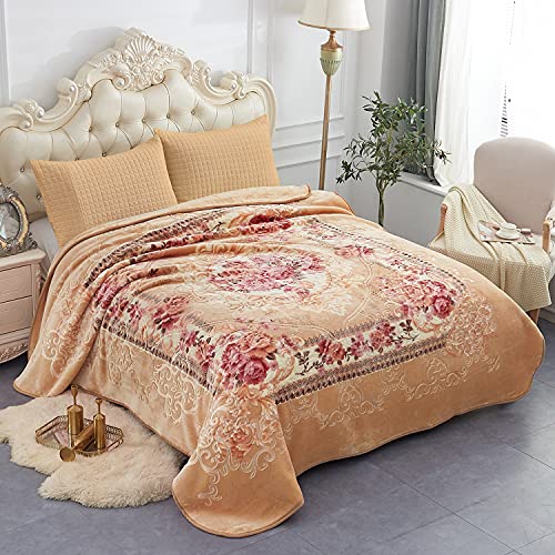 JML Fleece Blanket King Size, Korean Style Thick Raschel Bed Blanket 85 X 95 Inches- 9 Lbs, Single Ply, Soft and Warm, Floral Printing with Luxury Embossing Pattern for Fall,Winter (Khaki Floral)