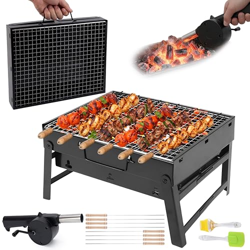Image of Pivalo New 2025-26 Tandoori Foldable & Portable Charcoal Barbeque Grill Set 【5 Combo】: 【8-Sticks】 【1-Blower】 【1-Spatula】 【1-Oil Brush】 Heavy Duty BBQ for Home Outdoor Camping Picnic Travel Cooking