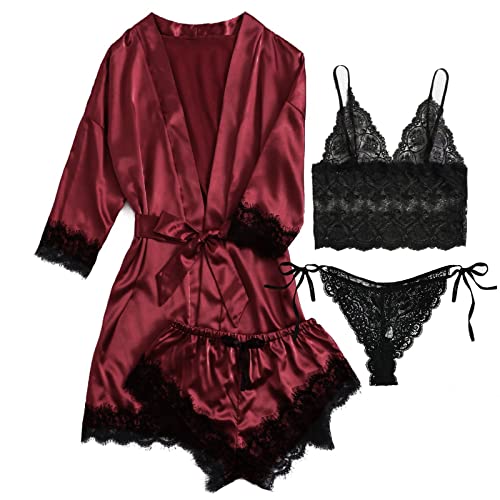 Danfiki Femme Ensemble De Pyjama Dentelle 4 pièces avec Peignoir Robe De Chambre Satin Ensemble De Nuit Camisole Short Set Cover