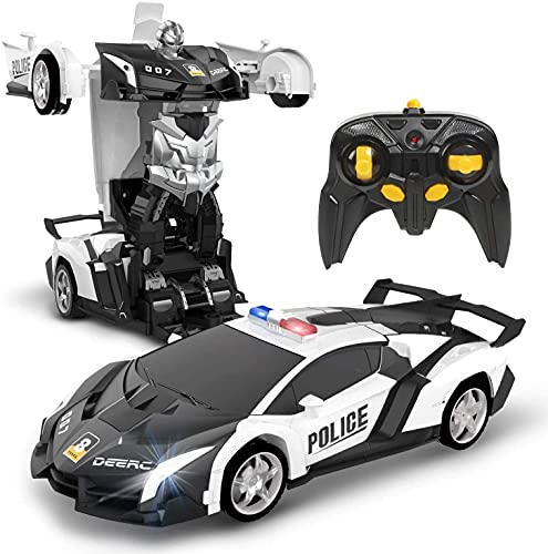 ZXHFDC Remote Control Car Deformation Police Toy Car 1:18 Ratio Deformation Remote Control Robot Car One Key Deformation 360 Degree Drift LED Light Children Adult Toy Car