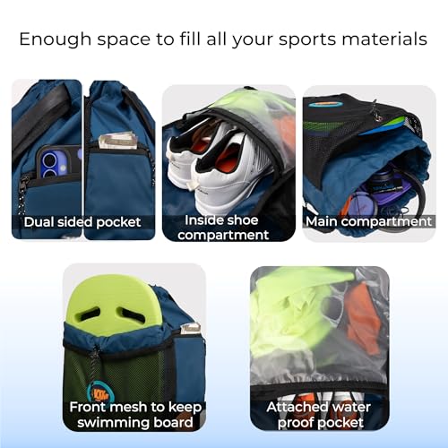 Image of WHACKK Phelps Blue 23L Premium Drawstring Swimming /Football Backpack|Waterproof Wet Compartment, Mesh Pocket, Multi Storage & Bottle Holder|Ideal for Swimming, Football & Gym