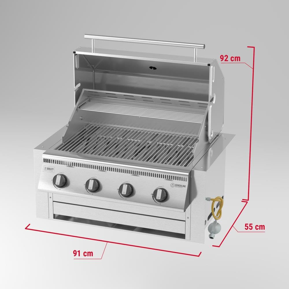 Einbau Gasgrill "Hermann XL - Deluxe" Edelstahl Einbaugrill mit Einfassung, Deckel und Fettwanne mit Frontauszug für Outdoor Küche Grillküche – 4x5kW Brenner – Made in Germany