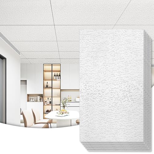 Art3d 10-Pack Stucco Texture Drop Ceiling Tiles 2x4 FT - Fire-Rated, Waterproof, Reusable - Premium PVC 24x48 Inch Ceiling Panels for Living Room Kitchen Bathroom Basement Office, White