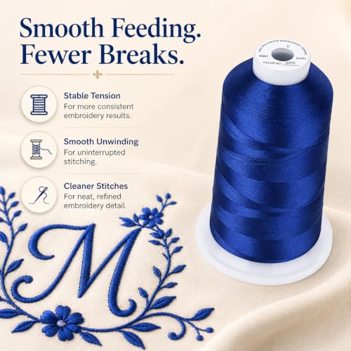 Image of Simthread 5000M 40WT Polyester Embroidery Thread, Indigo Blue S070 | 5000M 40WT polyester thread feeds smoothly for machine embroidery, monograms, logos, patches and quilting.