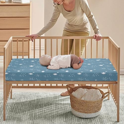 Image of Stars Baby Crib Sheets for Boys Girls Blue Fitted Crib Sheet for Standard Crib and Toddler Mattress Sky Baby Mattress Sheets Toddler Bed Sheet 52x28x8 in