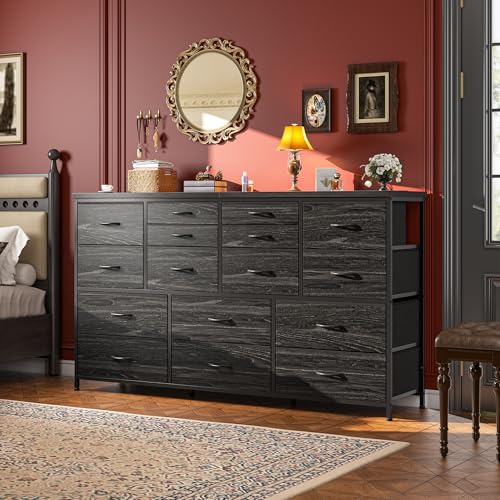 Romorgniz Long Dresser with 16 Fabric Drawers TV Stand & Charging Station