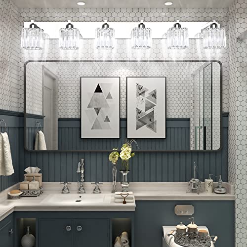 Image of Aipsun Bathroom Vanity Light Fixtures 6 Light Chrome Vanity Light for Bathroom Crystal Vanity Lighting Fixtures (Exclude Bulb)