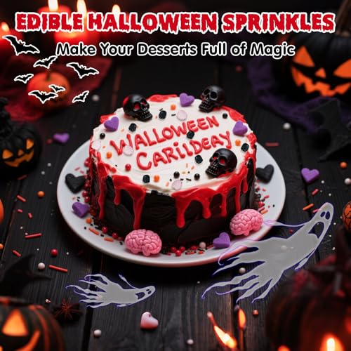 Image of Edible Halloween Sprinkles for Cake,Purple Heart Pink Brain and Black Skull Monster Sprinkles,Red Black Pearls and Jimmies Mixed,Horrifying Sprinkle 130g,Perfect for Cake Decorations, Baking,Ice Cream,Cookies,Cupcake Topper,Halloween Supplies Children Party