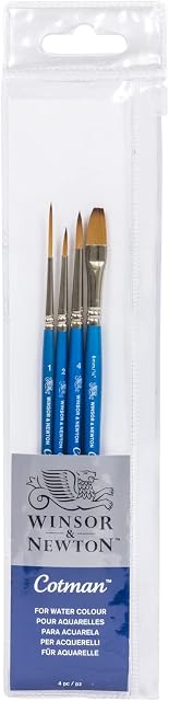 Winsor & Newton, Cotman Watercolour Synthetic Brushes, Short Handle, Pack of 4 (4 and 2 Round, 1 Rigger ,and 6mm One Stroke)