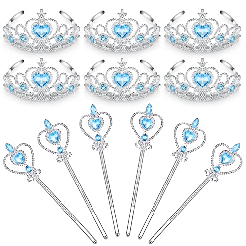 Chalyna 12 Pcs Princess Crowns Tiara Wand for Little Girl Silver Heart Jewel Plastic Tiara Winter Gift for Birthday(Blue,Heart Style)