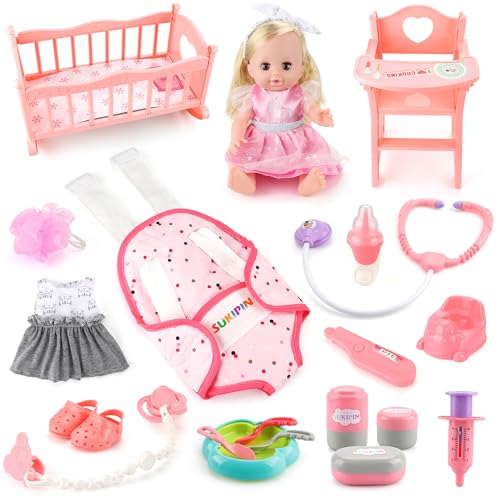 SUKIPIN Baby Doll Playsets for Girls, Baby Doll with Accessories Set for Girls 3-5, Baby Doll Set for 3 4 5 Year Old Girls Gifts, Stocking Stuffers for Toddlers Kids (Doll Playset)