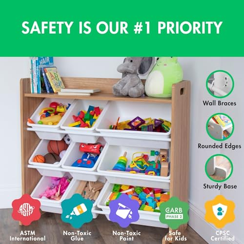 Humble Crew Toy Storage Organizer with Top Shelf and 9 Removable Bins, Natural/White – Toddler Bookshelf with Toy Organizer - Modern Toy Rack Ideal for Kids' Rooms, Playrooms, and Nurseries - Image 5