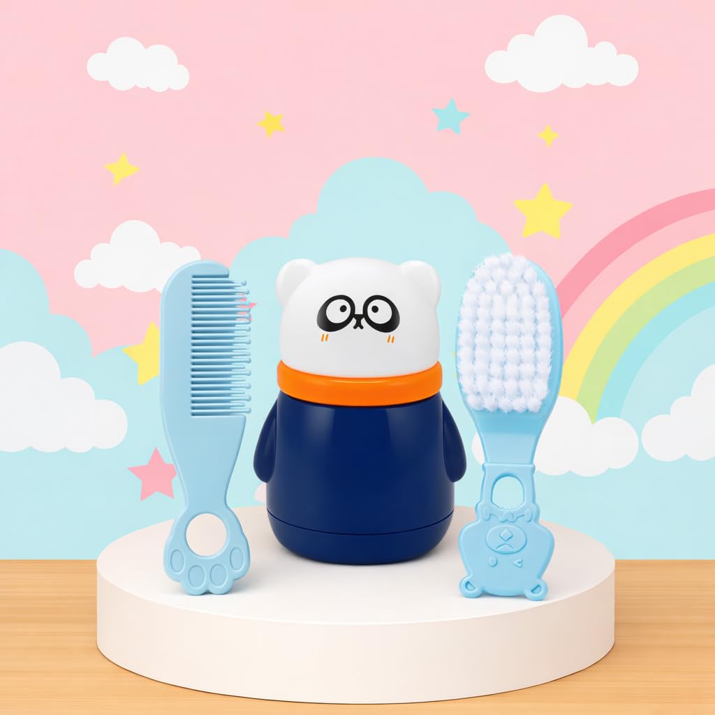 Baby Comb And Soft Bristles Brush With Powder Puff Container Box BPA Free (PATTERN 111)-image-37