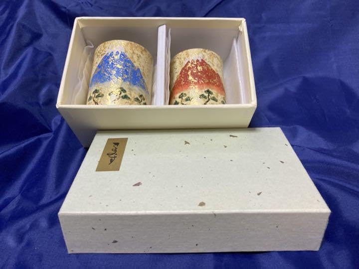 ??????? Kiyomizu Ware Charcoal Kei Kiln Color Eki Kinsai Red Fuji Couple Hot Water Drinking Set of 2, m93356141548