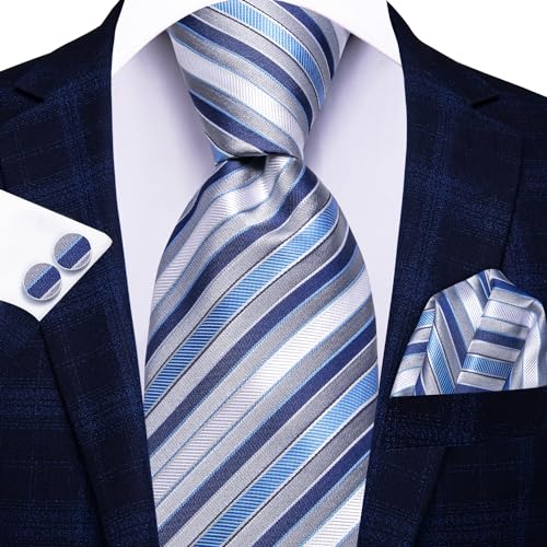 Image of Hi-Tie Mens 70inches Tie Set Extra Long Necktie for Men Cufflinks Handkerchief Big Tall Men Business Wedding