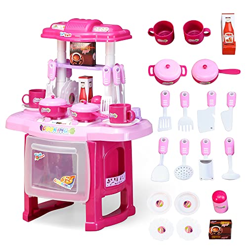 EVERGD Kids Pretend Play Kitchen Toy Set 24 Accessories Toy Miniature Kitchen Cookware Playset Role Playing with Realistic Cooking Light and Sound Gifts for Kids Ages 3+ (Pink)