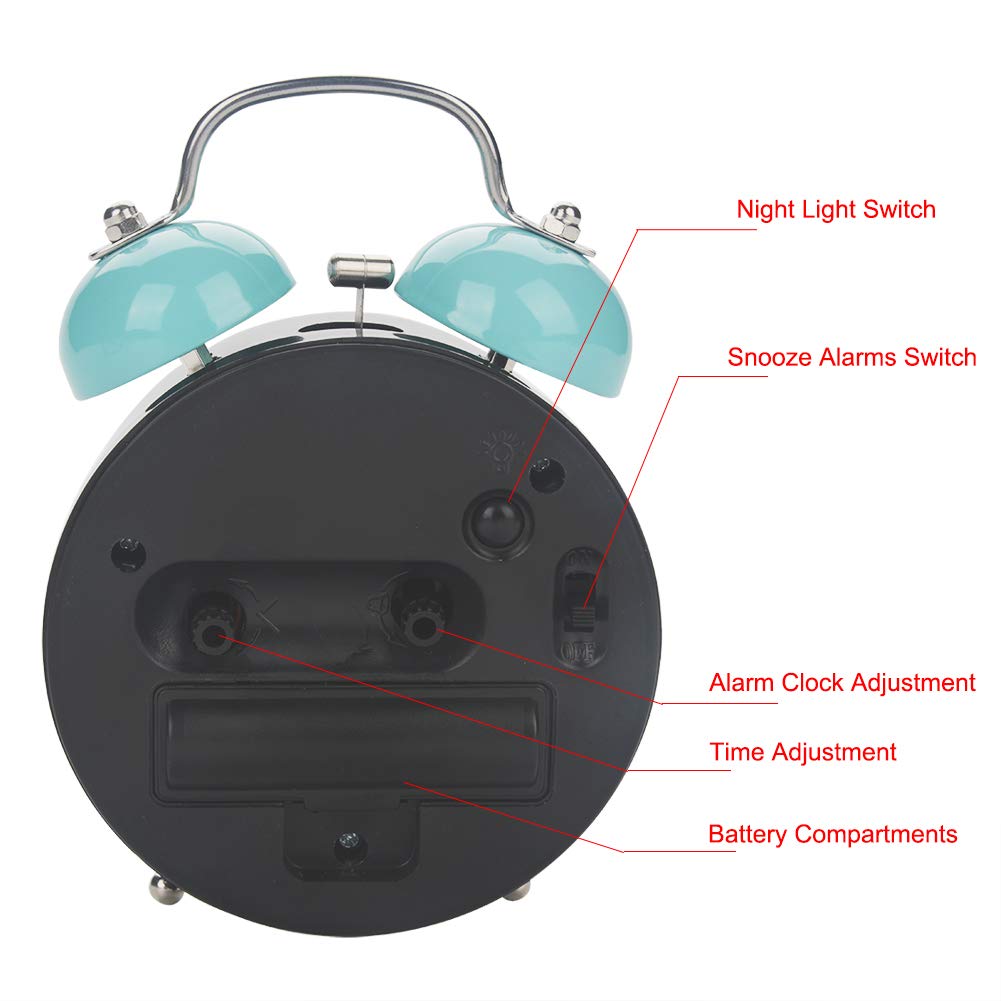 TOPINCN Sveglia Meccanica Doppia Campana Blu - Movimento Al Quarzo Ultra Silenzioso, Con Luci Notturne - Per Camera Da Letto, Scuola, Ufficio - Funziona A Batteria (non Incluse)