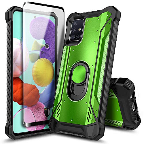 E-Began Case for Samsung Galaxy A51 with Tempered Glass Screen Protector, Magnetic Metal Built-in Ring Holder Stand, Full-Body Protective Shockproof Military Phone Case [Not Fit A51 5G Version] -Green
