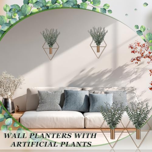 Image of Jexine Hanging Planters with Artificial Eucalyptus Metal Hanging Vase Indoor Plants Holder Modern Geometric Boho Bathroom Wall Decor for Living Room Home Office(Bronze,4 Pcs)