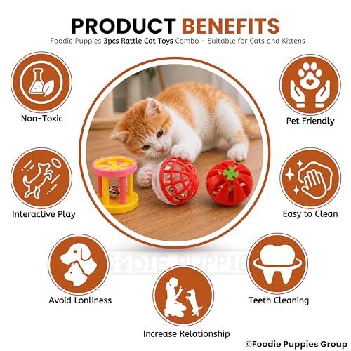 Image of Foodie Puppies Interactive Cat Rattle Toy Combo - (3 Pcs Set) | Rolling Bell Toys for Cats, Kittens & Small Pets | Durable, Lightweight, Safe Plastic, Engaging Indoor Play Toy for Exercise & Fun