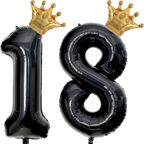 40 inch Large Black 18 Balloon Number with Gold Crown Balloons 18th Birthday Big Foil Mylar Helium Balloon for Boys Girls 18th Birthday Anniversary Decorations Supplies Favors(Number 18 Balloons
