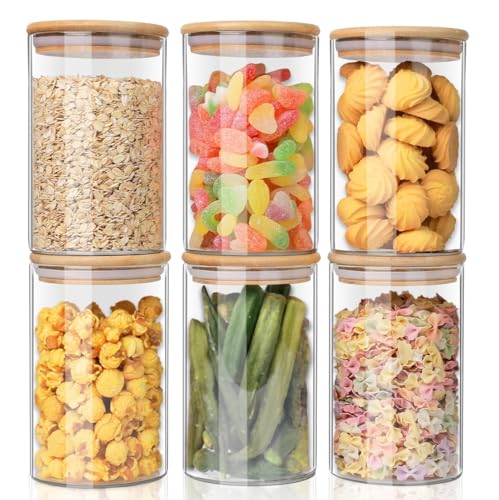 Image of 350ML Glass Food Storage Jars Containers, Set of 6 Storage Jar with Airtight Bamboo Lids Kitchen Glass Canisters For Coffee, Flour, Sugar, Candy, Cookie, Spice (Round 350 ML, Set of 6)