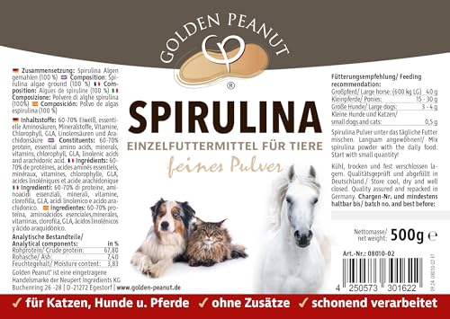 GOLDEN PEANUT Spirulina Pulver 500 g - 100% Reine Spirulina Alge für Pferd, Hund und Katze, Premium Qualität, natürliche Nährstoffversorgung
