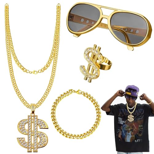 GUIANLOU Kit De Costume Hip Hop Hip Hop Lunettes De Soleil Collier Pendentif Dollar Bague Dollar Bracelets Accessoires De Rappeur Déguisement Accessoires De Rappeur Des...